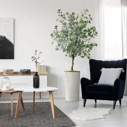 Vista 10 de Árbol artificial en macetero moderno con patrón de remolino, palmera tropical areca artificial de seda para decoración del hogar en interiores