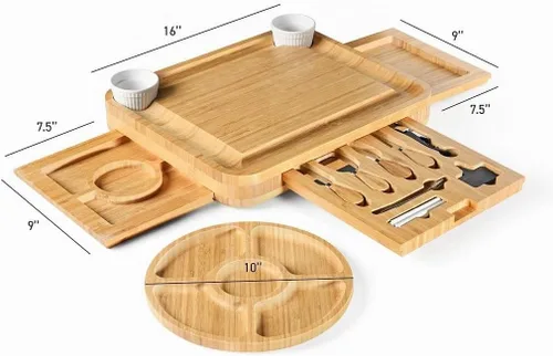 Vista 5 de Juego de regalo de tablas de embutidos de bambú, juego de tablas de carne y queso simple con accesorios de tabla de charcutería, regalos del día