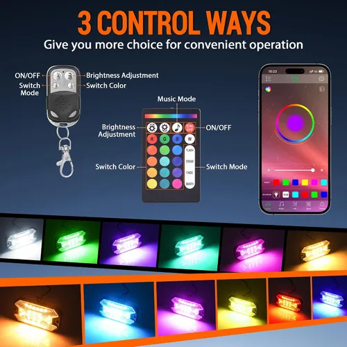 Vista 3 de Luces RGB para Rocas, 8 pods Kits de Luces Underglow de Neón, Control Remoto APP/RF y Modo Musical, Lámparas Inalámbricas Impermeables Multicolor