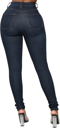 Vista 17 de KUNMI - Pantalones de mezclilla clásicos de cintura alta para mujer, elásticos, con efecto de levantamiento de glúteos, ajustados