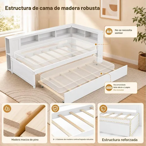 Vista 7 de KOMFOTT Sofá cama doble con nido, cama nido con estantería en forma de L
