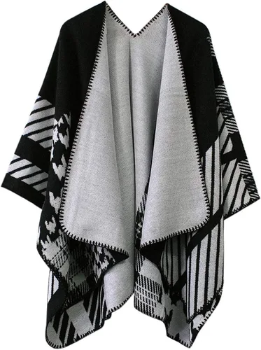 Vista 10 de Chal estilo poncho de frente abierta con patrón vintage para mujer, abrigo de invierno Serie 15-negro