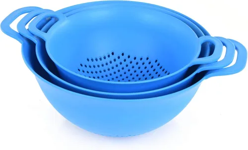 Vista 2 de Mintra Home Juego de coladores de colador de plástico: 3, 3.5 y 5 cuartos de galón (azul) con asas dobles fuertes y cuenco profundo, seguro sin BPA