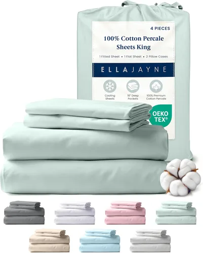 Vista 23 de Ella Jayne Sábanas de percal tamaño individual (3 piezas) Permium 100% algodón percal TC300, colección de lujo de hotel, bolsillos profundos y juego