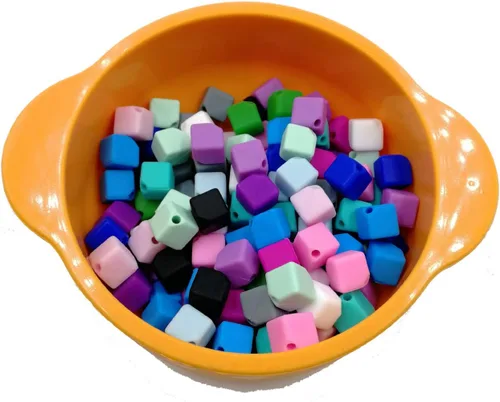 Vista 3 de Decoendiy 50 cuentas cuadradas de silicona de 0.354 in, cuentas espaciadoras de cubo sueltas, cuentas geométricas facetadas, cuentas coloridas