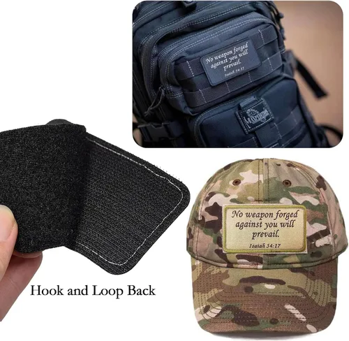 Vista 7 de 2 parches tácticos bordados con versículo bíblico Isaías 54:17 Para gorras, chaleco, mochilas