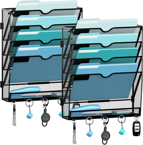 Vista 11 de 5 Tier Wall File Organizer, Metal Holder with Bottom Hooks Negro