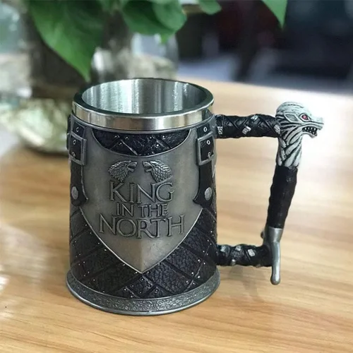 Vista 4 de Taza de cerveza personalizada, estilo grabado, taza de cerveza, con cuerno, Dragon King in The North de acero inoxidable, para café, cerveza, tazas