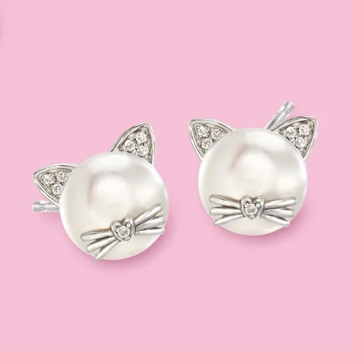 Vista 3 de Ross-Simons 8-8.5mm Cultured Pearl Cat Earrings with Diamond Accents in Sterling Silver
