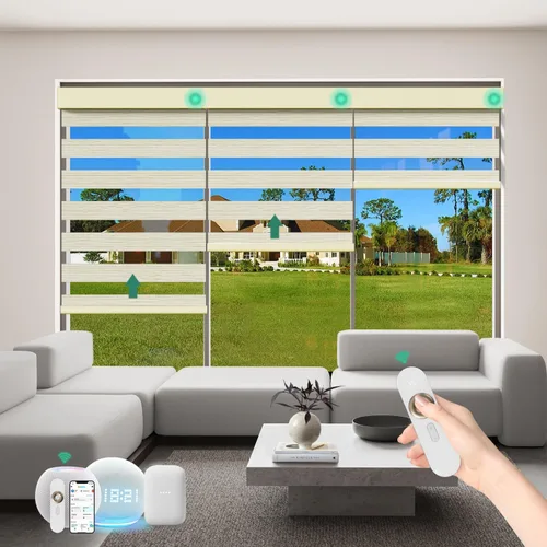 Vista 20 de Persianas motorizadas de cebra con control remoto [doble capa + filtro de luz] Persianas inteligentes 60% opacas para ventanas interiores