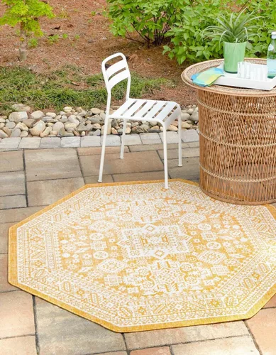 Vista 23 de Unique Loom Outdoor Aztec Collection Alfombra de área, Chalca (5 pies 3 pulgadas, octágono, aguamarina/marfil)