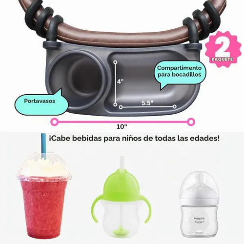 Vista 3 de Bandeja universal para refrigerios para cochecito, soporte para tazas, paquete de 2 barras de parachoques