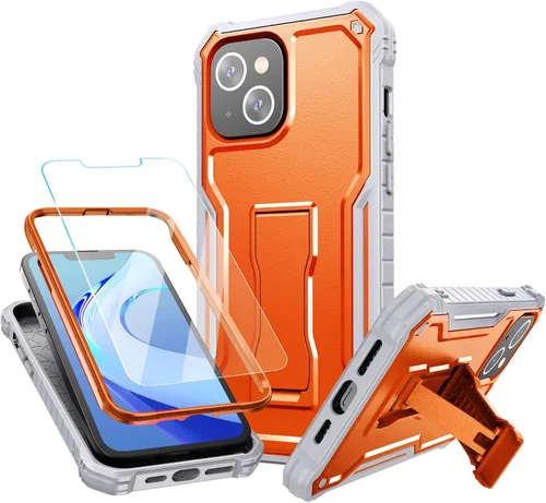 Vista 21 de FITO Funda para Apple iPhone 13, doble capa a prueba de golpes resistente con protector de pantalla de vidrio templado y soporte integrado (verde)