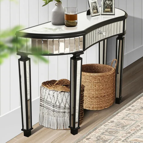 Vista 3 de SSLine Mesa de consola con espejo, mesa auxiliar de maquillaje, moderna mesa auxiliar con espejo, consola multimedia, escritorio de tocador con un