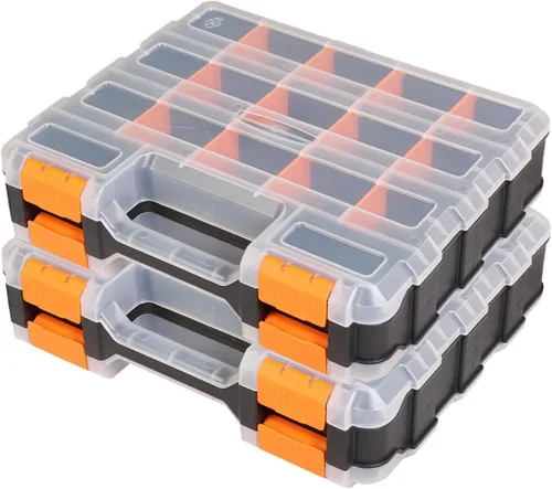 Vista 8 de Jack Boss Caja de herramientas con tapa transparente, caja organizadora de 34 compartimentos de doble cara con divisores extraíbles para herrajes