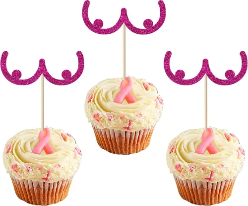 Vista 15 de Rsstarxi Paquete de 24 adornos para cupcakes con purpurina para concientización sobre el cáncer de mama, cinta rosa con purpurina para lucha contra