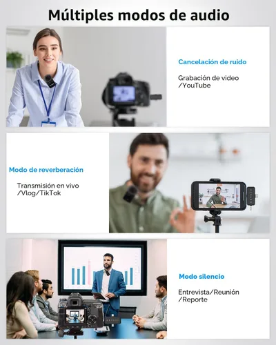 Vista 7 de PQRQP, micrófono 3 en 1 para iPhone/Android/cámara, inalámbrico, transmisión de 328 pies, duración de la batería de 18 horas, mini micrófono