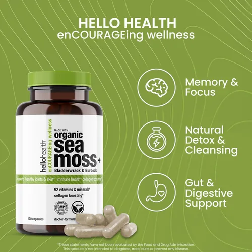 Vista 5 de HELLO HEALTH Cápsulas de musgo marino irlandés, musgo marino silvestre, raíz de bardana y vejiga prebiótico súper alimento para apoyo inmunológico