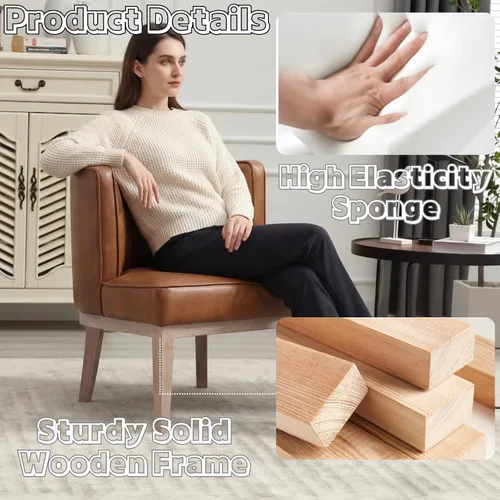 Vista 8 de BESTANO Silla decorativa con brazos de barril con patas de madera, cómoda silla lateral redonda de cuero marrón, sillas de lectura tapizadas