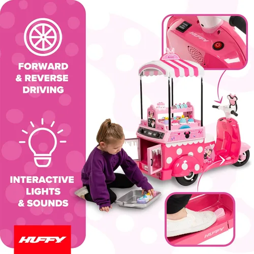 Vista 4 de Huffy Minnie Mouse Bakery Kart 6V Ride-On con juego de panadería, edades 3 Rosa