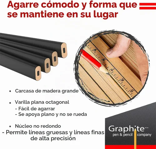 Vista 6 de GRAPHITE Lápices de Carpintero de Mina Dura a Granel - (1) Paquete de 12 Piezas Lápiz de Madera para Construcción #2 (HB) - Negro