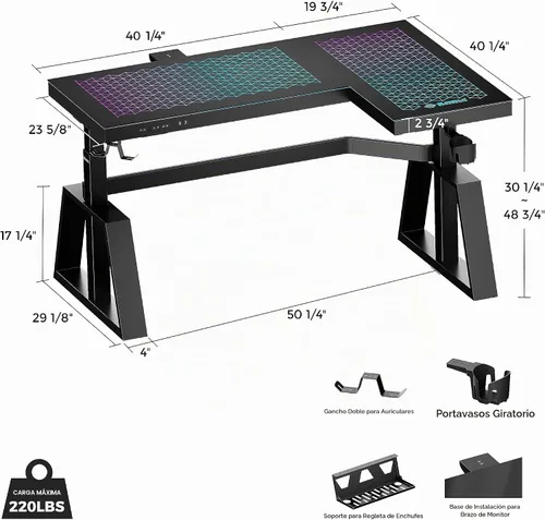 Vista 3 de EUREKA ERGONOMIC Escritorio de pie, mesa de juegos, escritorios RGB de vidrio, computadora de altura ajustable de 60 pulgadas, escritorio de esquina