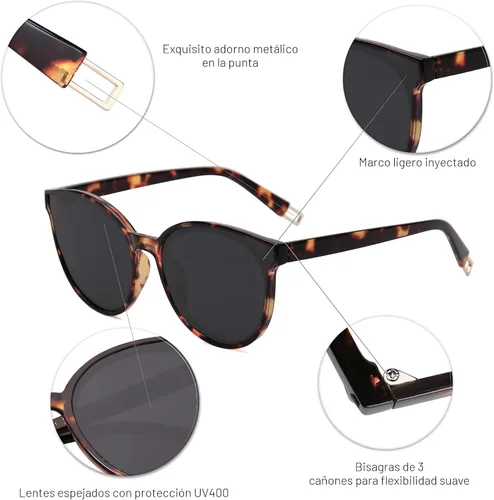 Vista 5 de SOJOS Gafas de sol redondas de moda para mujeres y hombres, estilo vintage de gran tamaño SJ2057 Tortuga ámbar/gris