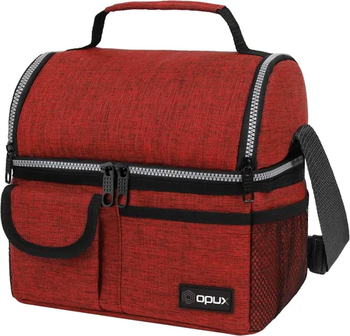 Vista 12 de Opux - Bolsa de almuerzo aislada de doble compartimento para hombres y mujeres Bolsa de almuerzo reutilizable con correa para el hombro, forro