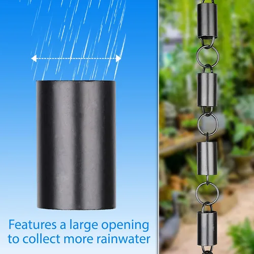 Vista 4 de RainChains Pacific Channel - Cadena de lluvia de aluminio negro de 8.5 pies para canalones, cadena decorativa