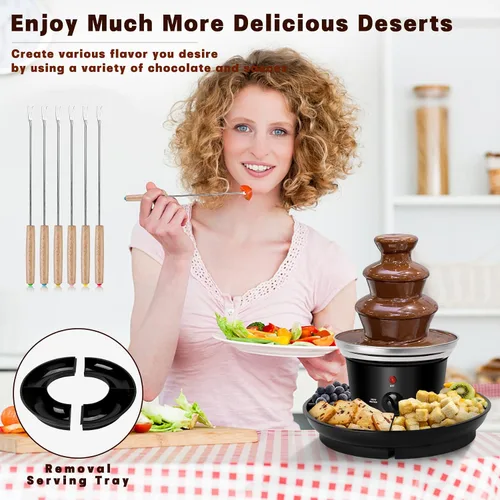 Vista 3 de Fuente de fondue de chocolate de 16 onzas, mini fuente de chocolate de 3 niveles con 6 tenedores de fondue y bandeja de extracción de frutas/frutos