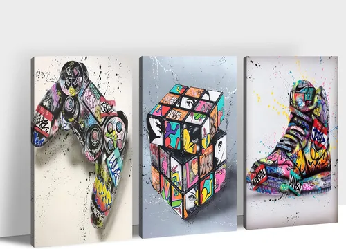 Vista 10 de Lienzo de graffiti con múltiples paneles – 3 piezas de graffiti pop street art impresiones en lienzo para decoración de pared, obras de arte