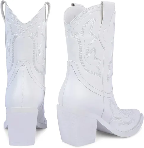 Vista 3 de wetkiss Botas vaqueras vaqueras occidentales para mujer, con tacón de bloque, pestañas de meter y diseño clásico bordado