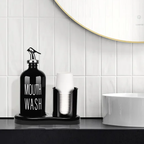 Vista 7 de Dispensador de Enjuague Bucal de Vidrio con Portavasos, BYAWAY Juego de Enjuague Bucal para Baño, Contenedor de Botella de Enjuague Bucal Recargable
