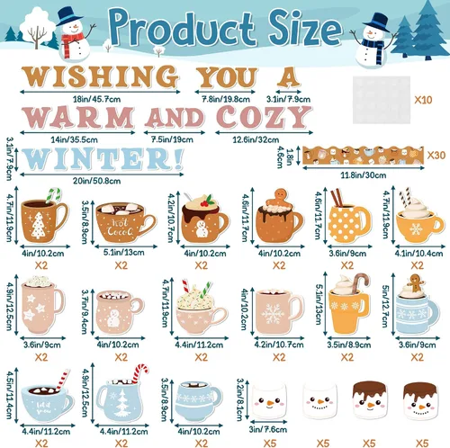 Vista 2 de Tableros de Anuncios de Navidad e Invierno - 115Pcs Set de Diseño de Taza de Cacao de Invierno con Puntos de Pegamento, Cartulina Duradera y Taza