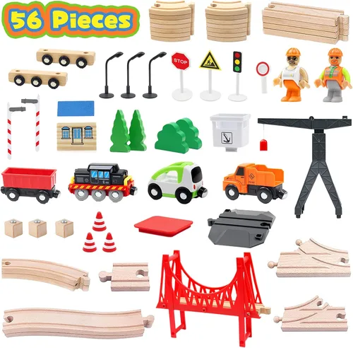 Vista 4 de WOOD CITY Juego de tren de madera, 56 piezas de lujo para niños de 2, 3, 4, 5 años, pista de tren temática de carga con grúa torre y puente