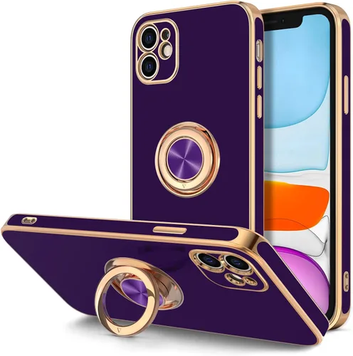 Vista 11 de Hython Funda para iPhone 11 con soporte de anillo [soporte de anillo giratorio de 360° con soporte magnético] [borde de oro rosa chapado en brillo]