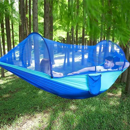 Vista 10 de LFL Hamaca de camping con mosquitero, hamacas con correas de árbol de 13 pies y mosquetones, hamaca portátil automática de apertura rápida para Negro