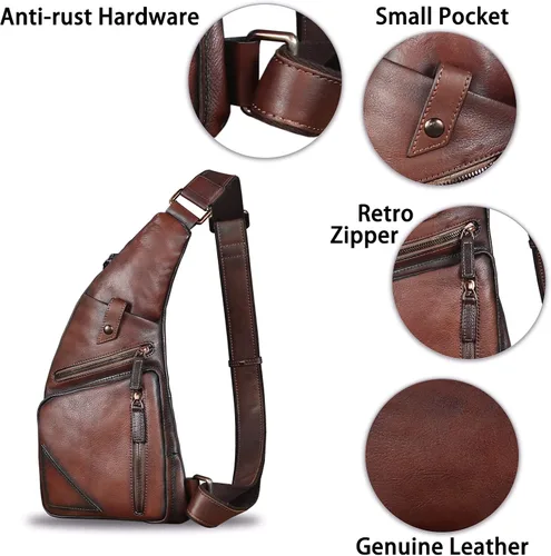 Vista 6 de Bolso bandolera de cuero genuino para hombre, estilo vintage, hecho a mano, mochila de senderismo, mochila retro cruzada, Marrón claro, Mediana