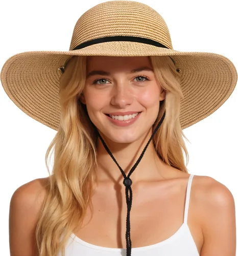 Vista 11 de Sombreros de sol para mujer, sombrero de playa de paja de ala ancha de Beige claro