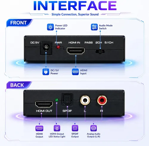 Vista 4 de J-Tech Digital Premium Quality 1080P HDMI a HDMI + Audio (SPDIF + RCA estéreo) Convertidor y extractor de audio (JTDAT5CH)