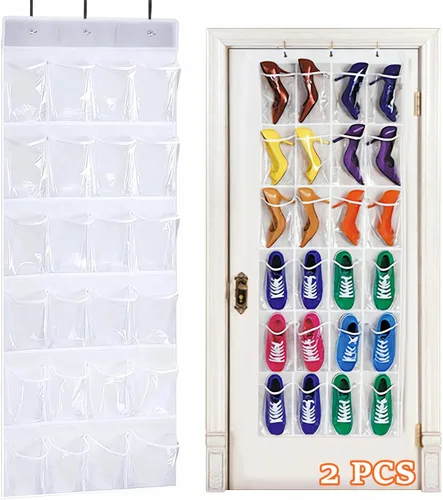 Vista 9 de Organizador de zapatos de 24 bolsillos para colgar sobre la puerta, organizador plegable con ganchos, soporte de malla colgante resistente