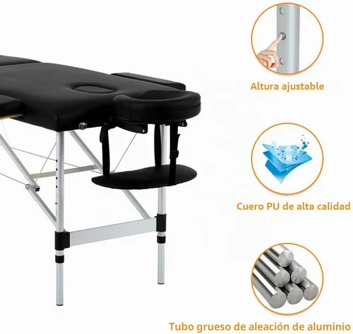 Vista 4 de Dkeli Mesa de masaje plegable de 73 pulgadas, cama de masaje portátil ajustable de 2 pliegues con patas de aluminio, base facial, funda de Negro