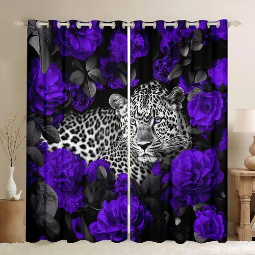 Vista 12 de Erosebridal Cortinas de Rosas Rojas 3D Tratamientos para Ventanas de Guepardo, Paneles de Cortinas con Estampado de Gato Leopardo para Sala