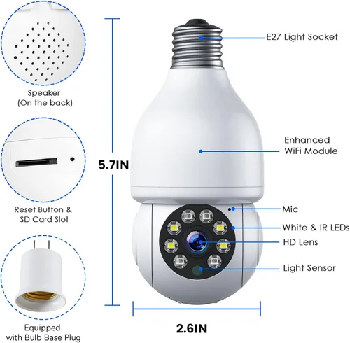 Vista 8 de Cámara de seguridad con bombilla WiFi de 2.4 GHz, cámara de enchufe de luz de 1080P, cámara de seguridad inalámbrica para interiores y exteriores