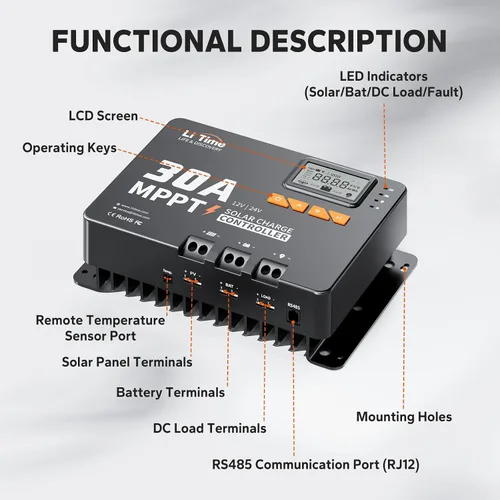Vista 6 de LiTime 30 Amp MPPT 12V/24V/Auto CC de entrada controlador de carga solar, módulo Bluetooth incorporado, pantalla LCD con parámetros ajustables