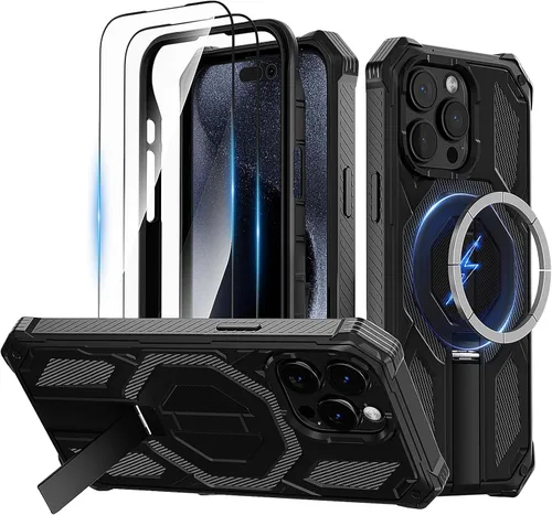 Vista 18 de Funda magnética para iPhone 15 con soporte y protector de pantalla [compatible con Magsafe] antideslizante, cuerpo completo, doble capa, resistente