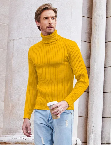 Vista 3 de COOFANDY Suéter de cuello alto ajustado para hombre, suéter casual ligero y acanalado