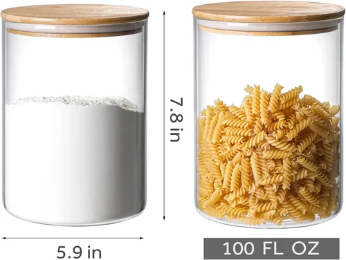 Vista 2 de 2 juegos de 101.4 fl oz/100 onzas líquidas de vidrio transparente con tapa hermética de bambú, tarro extra grande para harina, azúcar, café, té