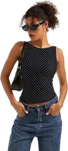Vista 3 de SUUKSESS Camisetas sin mangas con respaldo abierto y cuello barco acolchado para mujer, con doble forro, camisas básicas Negro (Black Polka Dots)