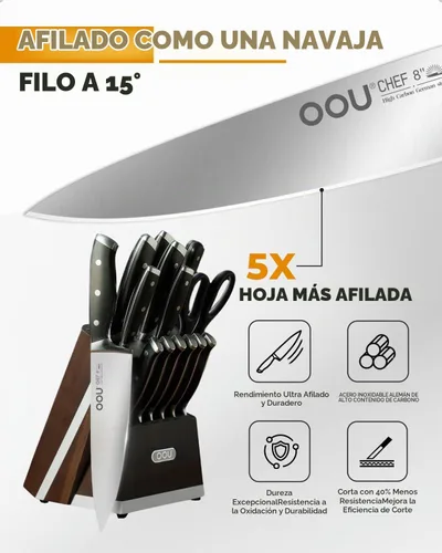 Vista 4 de OOU Juego de cuchillos de cocina 2025 con bloque, juego de cuchillos de acero inoxidable alemán de 15 piezas con varilla de afilar, mango de madera